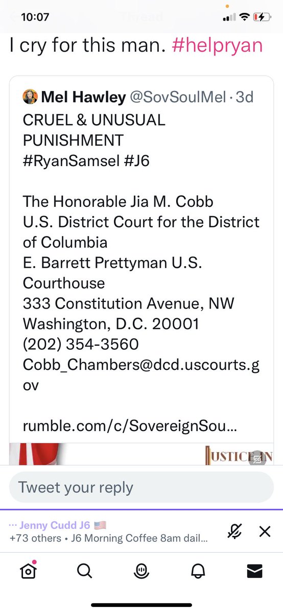 beckysue2508's tweet photo. @thegeneral249 PLEASE EVERYONE IN THIS SPACE, WRITE TO THIS JUDGE ON BEHALF OF #RyanSamsel #J6 https://t.co/HhscHjTeU9
