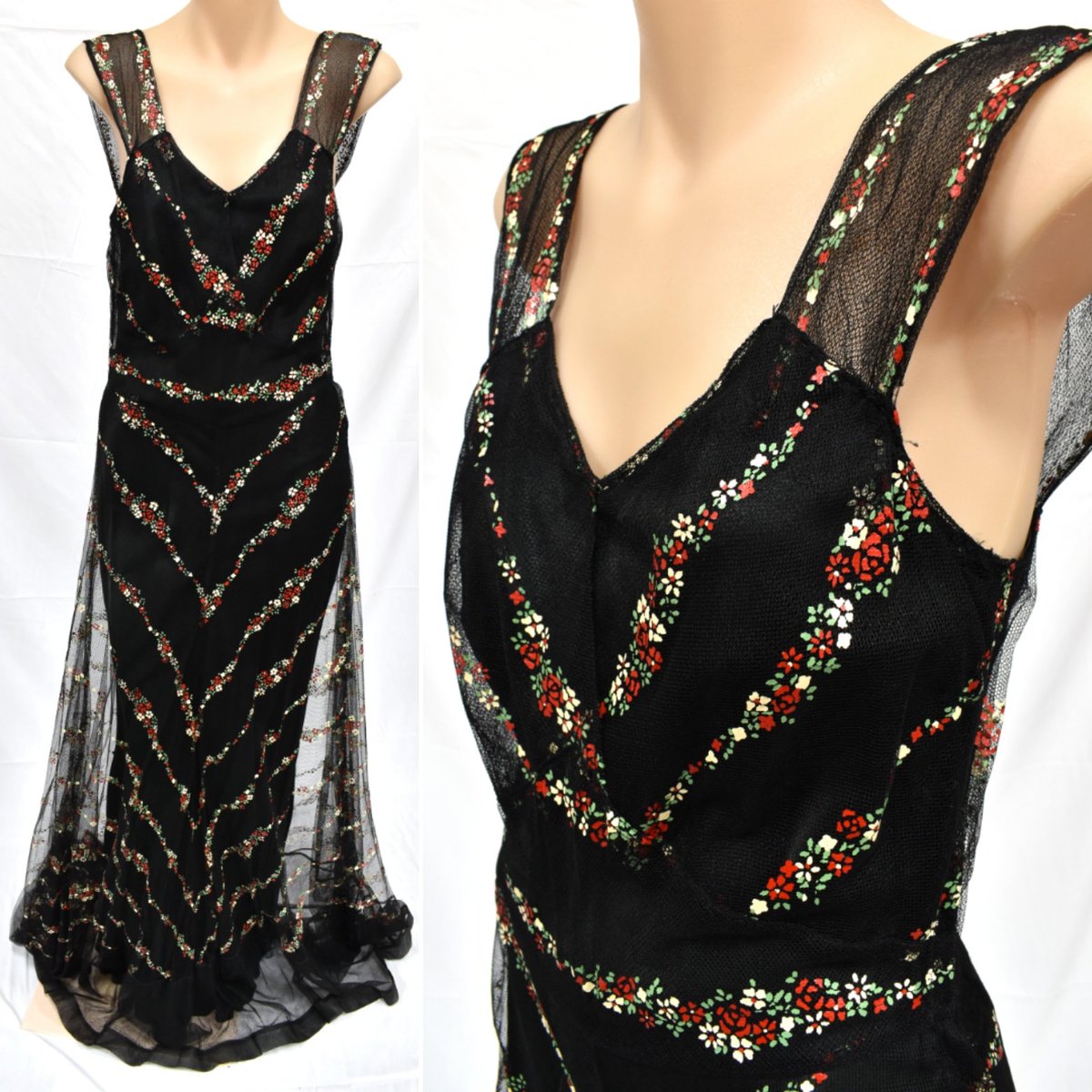 Painted evening dress, 1940s. Probably made and worn in the UK.
#1940s #vintagestyle #historiccostume