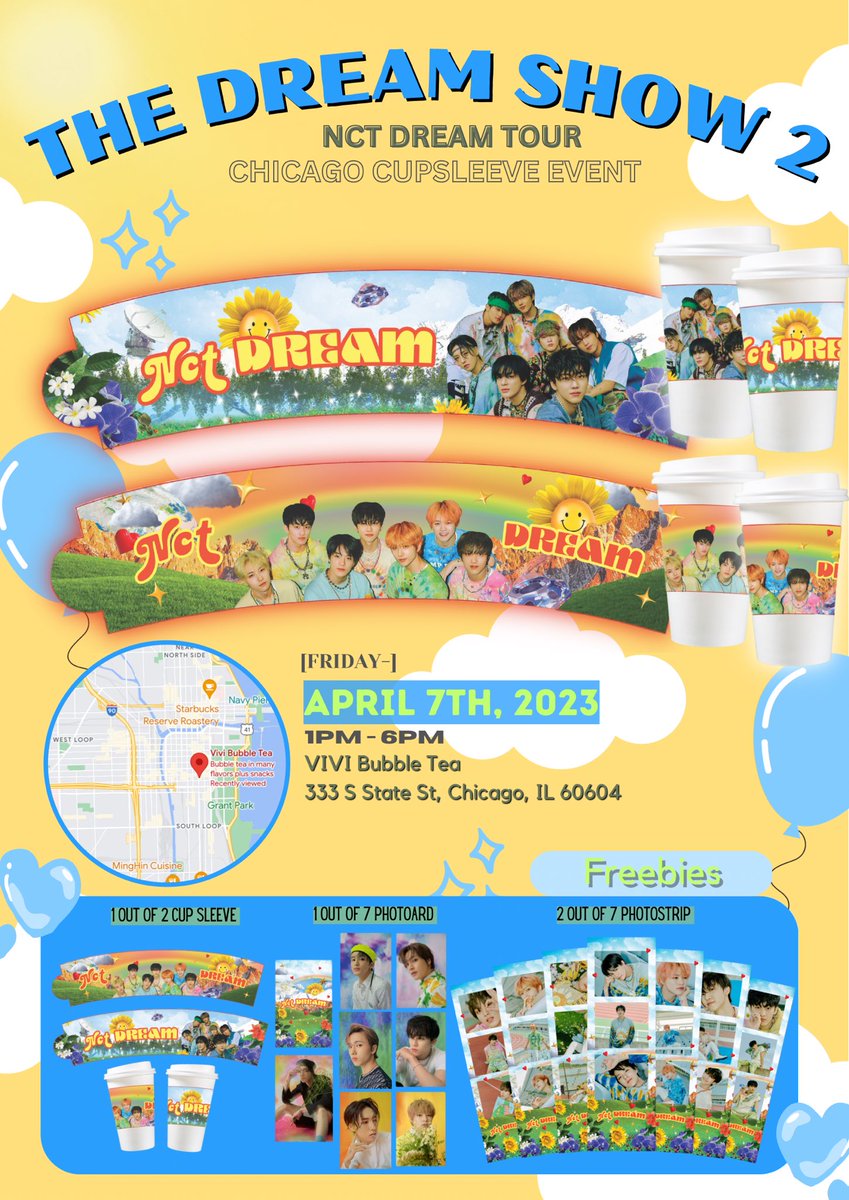 ayooin's tweet photo. The Dream Show 2
NCT DREAM💚- Cup Sleeve event in
CHICAGO✨

place:
VIVI BUBBLE TEA,
333 S State St, Chicago, IL 60604

time:
01:00 PM - 06:00 PM

date:
Friday April 7th, 2023 (concert day)

form participant:
https://t.co/HxVy4Wbbu6

form Donation Tier:
https://t.co/OueQS99qPE https://t.co/iB3EMwasy0