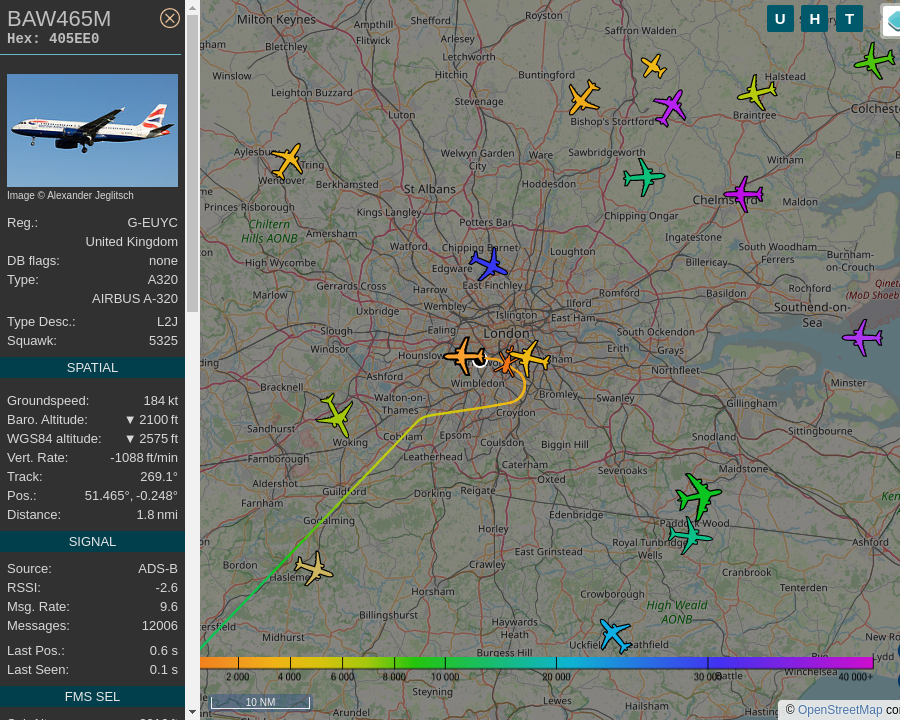 #BAW465M G-EUYC A320 232 British Airways MAD-LHR Adolfo Suarez Madrid-Barajas Airport to Heathrow Airport: 0.4 mi away @ 2700 ft and 54.5° frm hrzn, heading W @ 221.0mi/h 21:57:48. #Putney #SW15 #ADSB