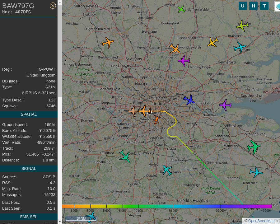 #BAW797G G-POWT A321 251NXSL Titan Airways GVA-LHR Geneva Airport to Heathrow Airport: 0.4 mi away @ 2600 ft and 50.7° frm hrzn, heading W @ 208.7mi/h 21:59:55. #Putney #SW15 #ADSB