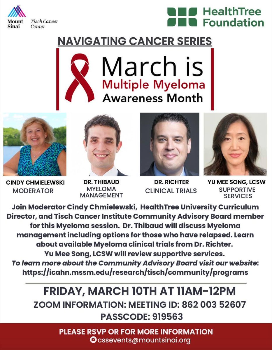 JoshuaRichterMD's tweet photo. Coming up soon with @SantiagoThibaud @MyelomaTeacher @HealthtreeMM @TischCancer @MountSinaiNYC …. Registration information below ! https://t.co/EwQnW3071x