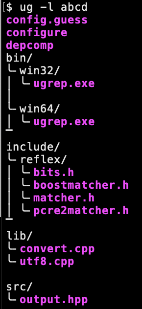 vEngelenRobert's tweet photo. Updated ugrep to 3.10 (a grep-compatible grep) to display directory trees in interactive mode, when pretty is enabled in the .ugrep config file. No more flat grep lists when grepping with -l. #grep #ugrep https://t.co/UmlM6kM6WY https://t.co/orcx8Itiit