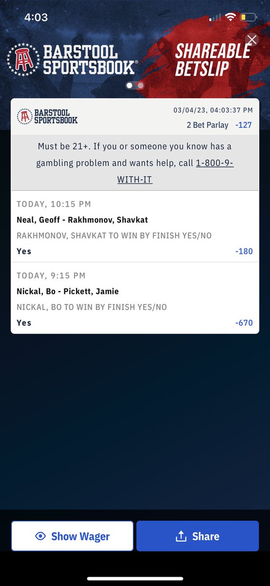 PauleyPickEm's tweet photo. ‼️Pauley’s #UFC285 Bet Card‼️

🚨Best Bet🚨2 Leg PARLAY  Shavkat Rakhmonov to win by finish / Bo Nickal to win by finish (-120) 

Ribovics, Esteban to win by FINISH (+310)

3 Leg PARLAY - Jon Jones ML / Valentina Shevchenko ML / Ian Garry ML (-107) https://t.co/EA4fKSanLn