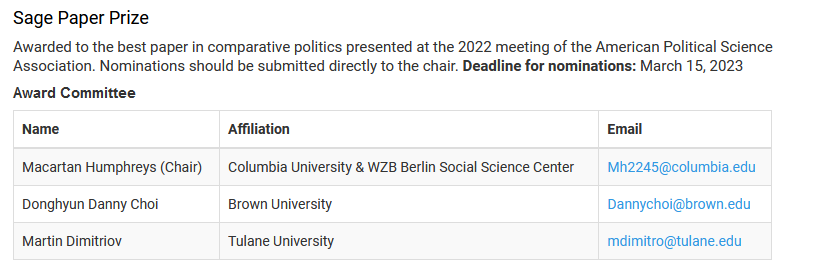 The Sage Paper Prize nomination deadline is March 15, 2023--send us your nominations!