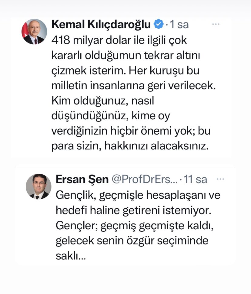 Biri  418 Milyar Doların hesabını soracağım diyor; diğeri “geçmişle hesaplaşma” istemiyor… 

Ersan Şen #418MilyarDolarNerede 
<a href="/herkesicinCHP/">CHP 🇹🇷</a>