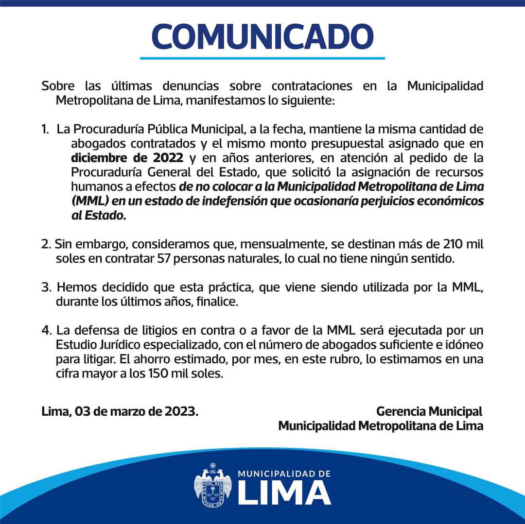 Emilimacorrupc1's tweet photo. La @MuniLima emite este comunicado! Sin embargo hay que recordar que la Gerente General de #EMILIMA en un sólo caso de denuncia penal por lavado de activos, contrato un estudio por 68,000 soles! Doble moral o @rlopezaliaga1 se hace el ciego? https://t.co/sZT0rHmJVy