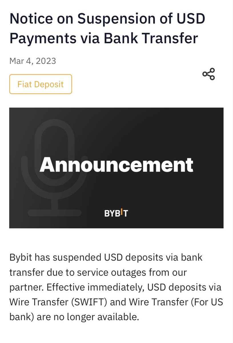 BTC速報:Bybitが突如SWIFTと米銀行へのワイヤー送金によるドルの入金を「サービス停止」により即座に一時停止すると発表。出金は3月10日まで対応し、今後はAdvcashから対応する🤔Silvergate銀行が理由かは不明  #ビットコイン #仮想通貨 #Bitcoin #イーサリアム #DeFi ...