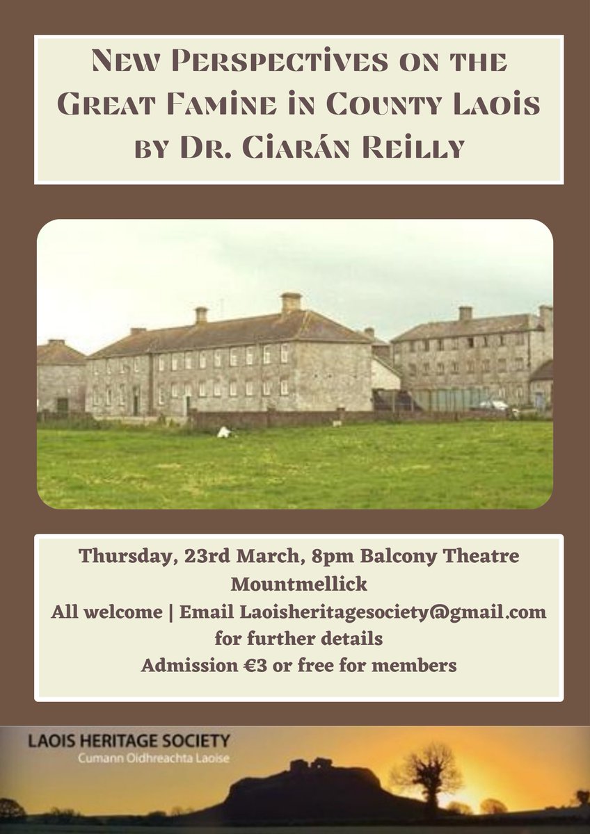 Laois Heritage Society (@societylaois) on Twitter photo Delighted to announce the next of our heritage talks this season: New Perspectives on the Great Famine in County Laois by Dr Ciarán Reilly. Balcony Theatre Mountmellick. Thursday 23rd 8pm. More details below thanks to <a href="/LaoisNews/">Leinster Express / Laois Live</a>
leinsterexpress.ie/news/local-new… Delighted to announce the next of our heritage talks this season: New Perspectives on the Great Famine in County Laois by Dr Ciarán Reilly. Balcony Theatre Mountmellick. Thursday 23rd 8pm. More details below thanks to <a href="/LaoisNews/">Leinster Express / Laois Live</a>
leinsterexpress.ie/news/local-new…
