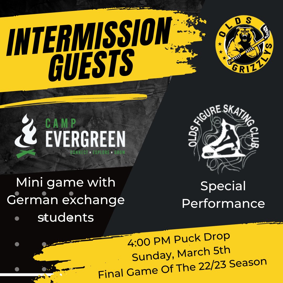 GrizzlysAJHL's tweet photo. Be there at 4:00 PM tomorrow for our final game of the 22/23 season. We will be joined by special intermission guests, Olds Figure Skating Club and Camp Evergreen. #AJHL #GoGrizz https://t.co/WDOKMBFdOW