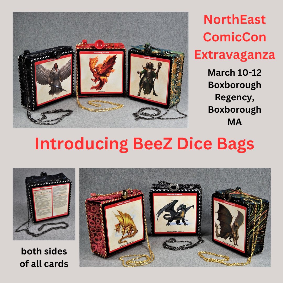 BeeZbyScranton's tweet photo. Introducing BeeZ Dice Bags. Holds your dice and your phone. Made from new D &amp; D Monster cards. Waterproofed. Get yours at the NorthEast ComicCon Extravaganza and Collectible Show. March 10-12. #NorthEastComicCon #NEcomicCon #NECC #dicebags #dungeonsanddragons #dungeonmaster https://t.co/kSLShSmOQB