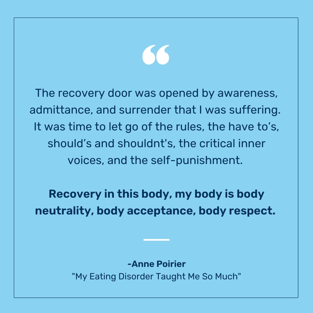 NEDAstaff's tweet image. Today on the NEDA Blog Anne Poirier discusses what her eating disorder taught her. Read the full blog here: bit.ly/3JfFd8H
#EDAW #EDAW2023 #eatingdisorders #NEDA #therapy