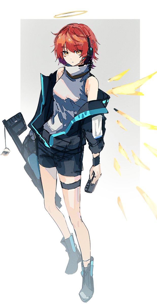 exusiai (arknights) 1girl solo weapon gun halo jacket holding  illustration images