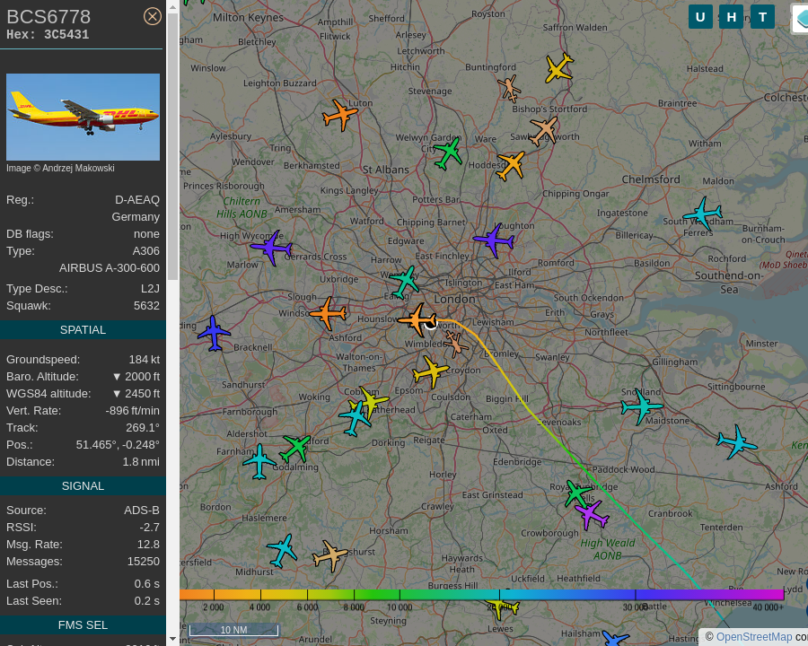 #BCS6778 D-AEAQ A300 B4-622RF DHL Air CDG-LHR Charles de Gaulle Airport (Roissy Airport) to Heathrow Airport: 0.4 mi away @ 2600 ft and 50.3° frm hrzn, heading W @ 214.8mi/h 22:16:00. #AfterHours #Putney #SW15 #ADSB