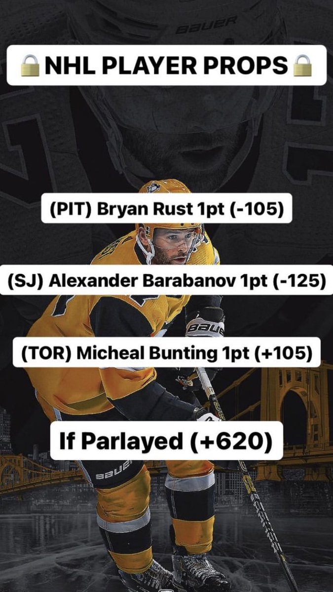 TheLocksOTD's tweet photo. 🏒FREE NHL PROPS🏒
🔥LETS STAY HOT🔥
(PIT)Bryan Rust 1Pt (-105)
(SJ)Alexander Barabonov 1pt (-125)
(TOR)Michael Bunting 1pt (+105)
#nhlpicks #nhl #freepicks #nhlslate #freeslate #sports #hockey #betting #sportsbetting #gamblingtwitter #gambling #draftkings #fanduel #nhlpicks https://t.co/CgTK81WI4a