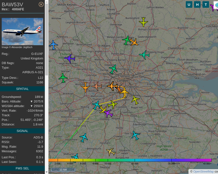 #BAW53V G-EUXF A321 231 British Airways LIS-LHR Lisbon Portela Airport to Heathrow Airport: 0.4 mi away @ 2650 ft and 52.3° frm hrzn, heading W @ 224.0mi/h 22:19:33. #AfterHours #Putney #SW15 #ADSB