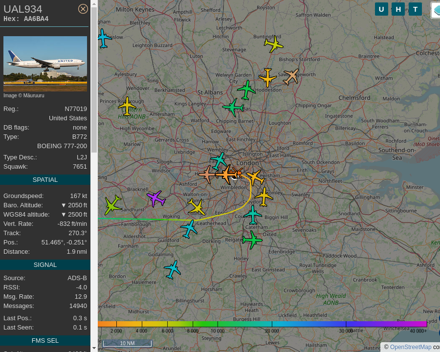 #UAL934 N77019 777 224ER United Airlines EWR-LHR Newark Liberty International Airport to Heathrow Airport: 0.4 mi away @ 2625 ft and 52.6° frm hrzn, heading W @ 217.9mi/h 22:21:38. #AfterHours #Putney #SW15 #ADSB