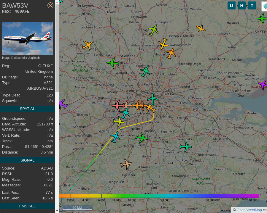 #BAW53V G-EUXF A321 231 British Airways LIS-LHR Lisbon Portela Airport to Heathrow Airport: 9.6 mi away @ 121700 ft and 67.3° frm hrzn, heading W @ 156.5mi/h 22:23:50. #AfterHours #WayTheHeckUpThere #Putney #SW15 #ADSB