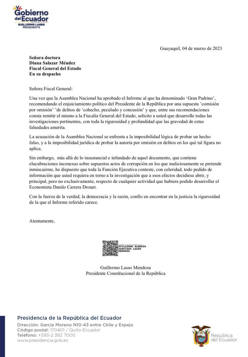 El informe aprobado por la Asamblea Nacional carece de sustento lógico, probatorio y jurídico. 

No obstante, he dispuesto contestar con absoluta transparencia y celeridad todo requerimiento de la <a href="/FiscaliaEcuador/">Fiscalía Ecuador</a> para esclarecer cualquier duda.