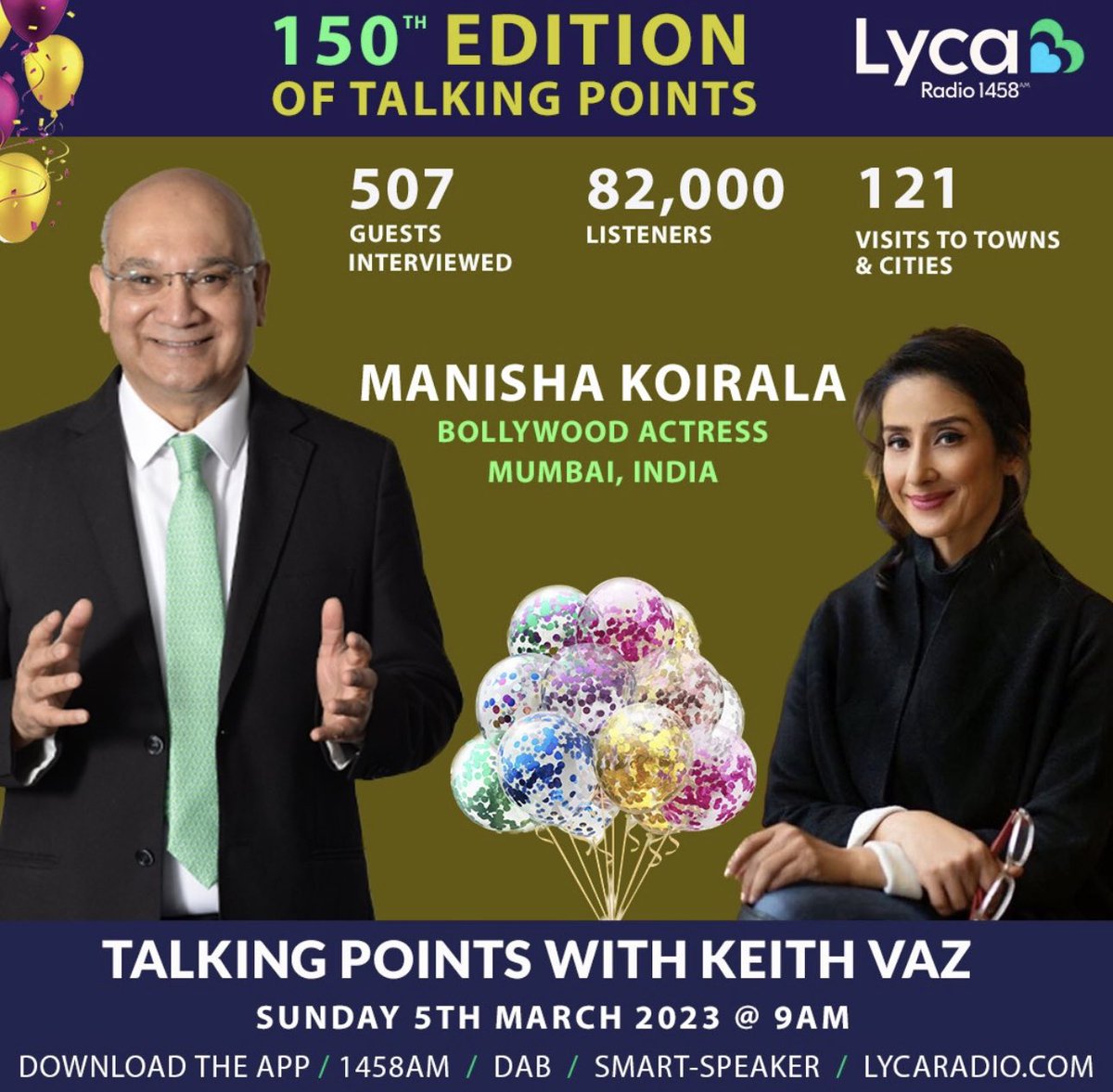 LycaRadio1458's tweet photo. 💚💙 Lyca Radio
Listen to a SPECIAL 150th edition of @TalkingPoints20 with guest @mkoirala 🎈
#LycaRadio #TalkingPoint #KeithVaz #ManishaKoirala #150thEdition https://t.co/dlk9OJ2Jmk