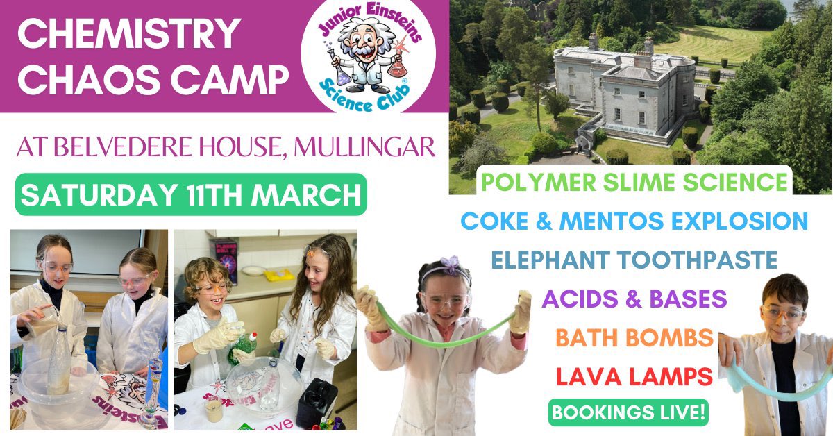 Chemistry Chaos Camp @BelvedereHouse #Mullingar on Saturday 11th March 🧪 💥 Slime, elephant toothpaste, coke & mentos explosion, pH indicators, fizzy science, bath bomb, vicious volcanoes & lots of fun, hands on #STEM junioreinsteinsscienceclub.com/.../mullingar.… #junioreinsteins