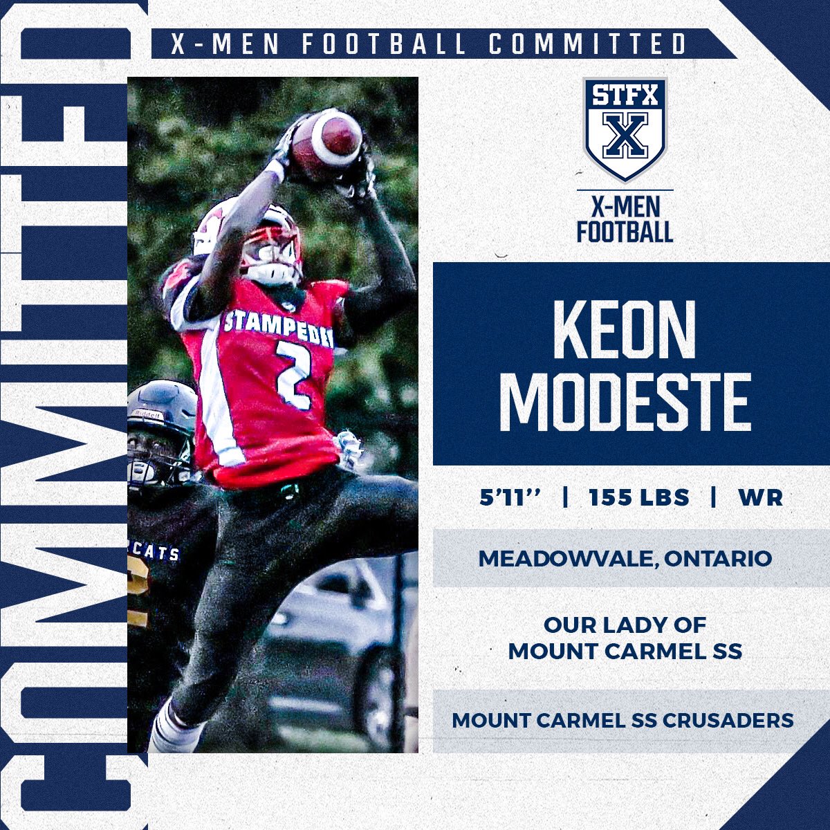 X-Nation. Please join us in welcoming our newest 2023 football commit, 5’11” 155lbs Receiver, Keon Modeste. Welcome to the STFX family Keon! #hailandhealth <a href="/kmgotem/">Keon Modeste</a> <a href="/StFXAthletics/">StFX Athletics</a>