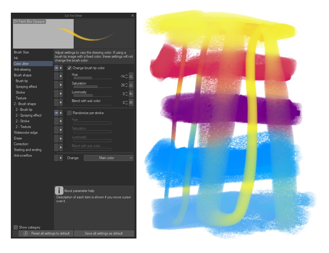 zhille's tweet photo. Trying to redefine the CSP Color Jitter thing. This WIP Paint+Blend brush uses pressure to determine mix and blur, while Tilt gently changes the hue and sat just the right amount to make the digital mix that less bland. It will be added to #eXpressure2 set in a later free update. https://t.co/jNjG0gJXNZ