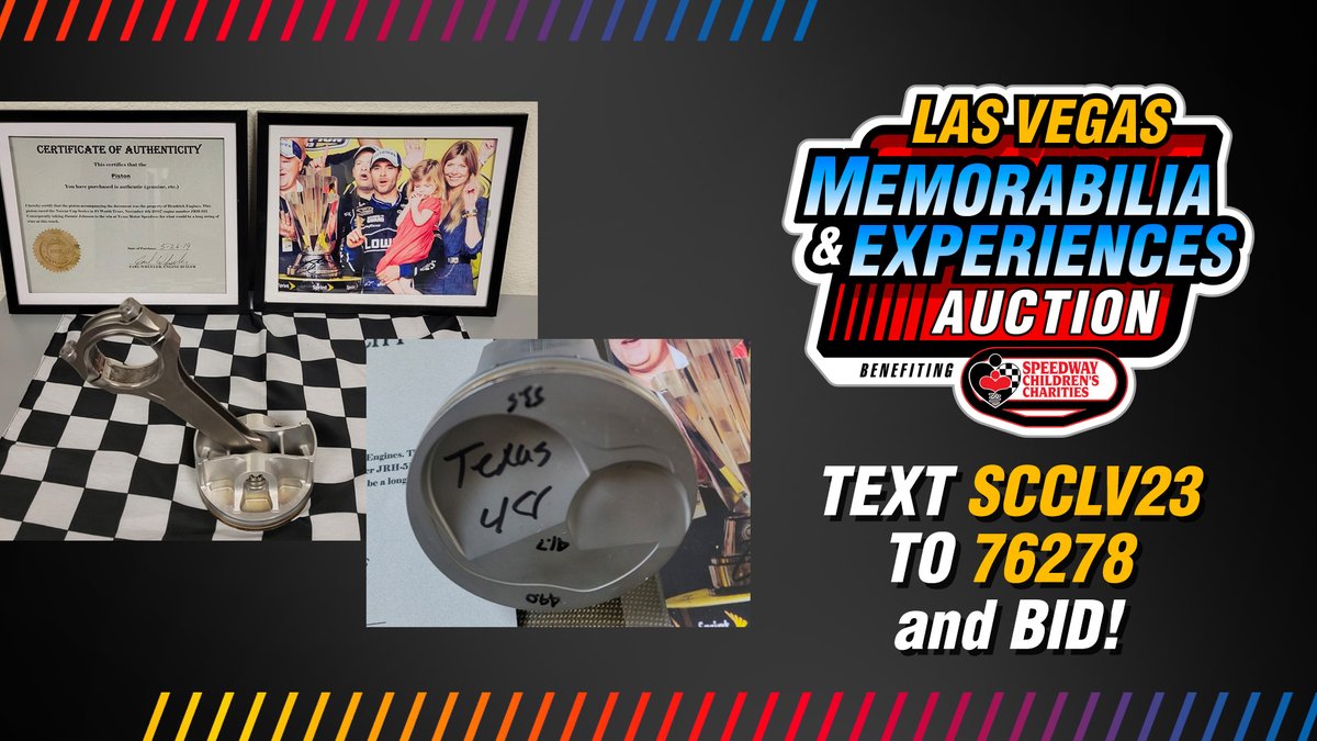 scclasvegas's tweet photo. Don't miss your chance to bid on a piece of @JimmieJohnson racing history! This race-used piston from @TXMotorSpeedway will sell tomorrow in our SCC LV Online Auction! 

BID NOW: https://t.co/7YyV7NWPpW or text SCCLV23 to 76278

@LVMotorSpeedway // #KidsWin https://t.co/tdwcsXRpsp