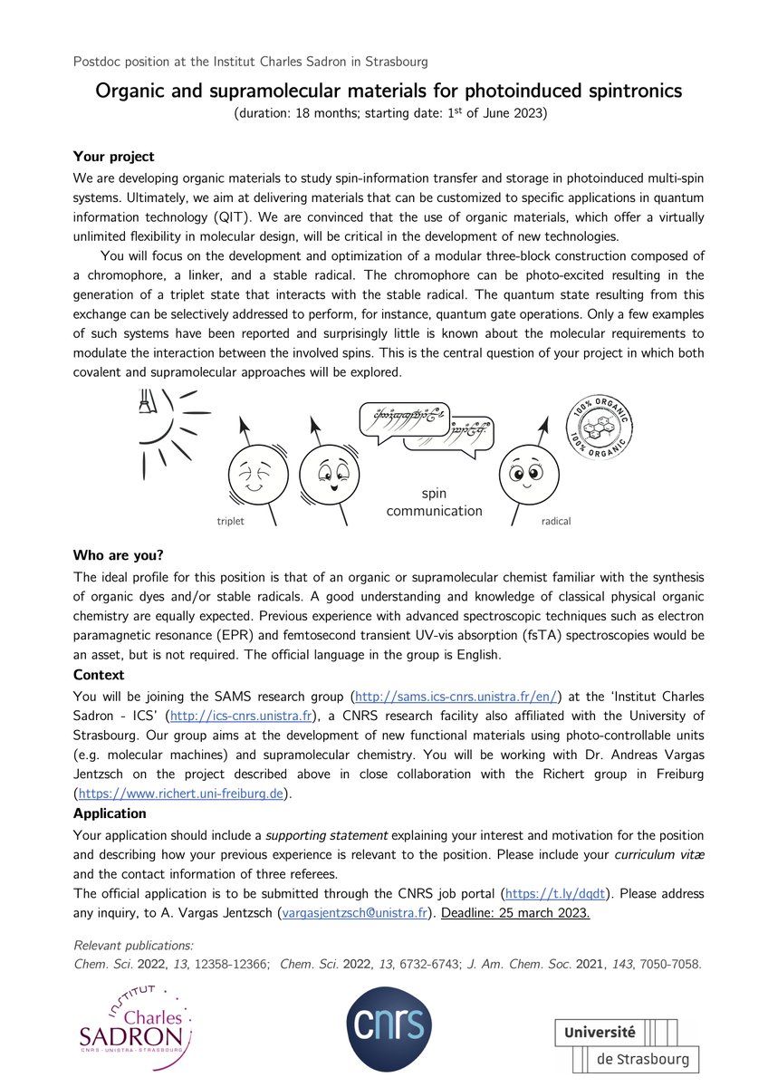 🙏RT
We are looking for a postdoctoral researcher with experience in organic (supramolecular) chemistry. You will be exploring new materials for molecular spintronics!
Come and join us at @CharlesSadron @CNRS_Alsace
To apply: t.ly/dqdt
#openposition #chempostdoc