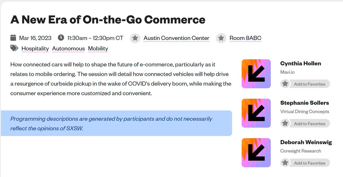 cynthiahollen's tweet photo. Come learn about Connected Cars and Commerce at SxSW. So honored to be speaking about the next channel of #OnMyWayCommerce ! 3/16/23 ! With Stephanie Sollers or @VirtualDiningCo and @debweinswig 
 https://t.co/NU2sehCgB6
@mavi_io https://t.co/p8iKiThkSz