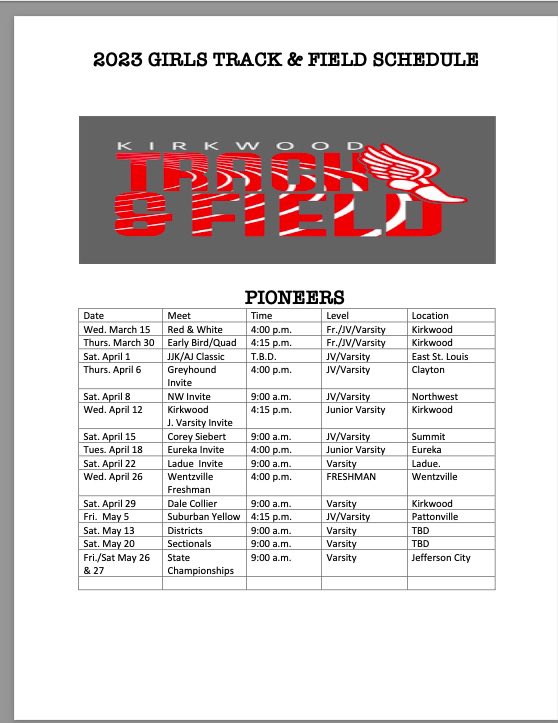 Kirkwood T&F on Twitter: "2023 Girls Track & Field Schedule"