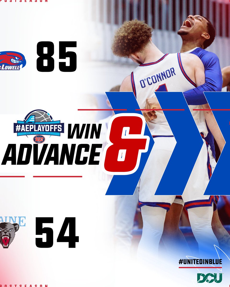 RiverHawkMBB's tweet photo. FINAL: No. 2 River Hawks defeat No. 7 Maine, 85-54, in #AEPlayoffs Quarterfinals! O'Connor w/14 pts. Hammond w/13 pts. 

#UnitedInBlue | #AEHoops https://t.co/uknvsWtSgo