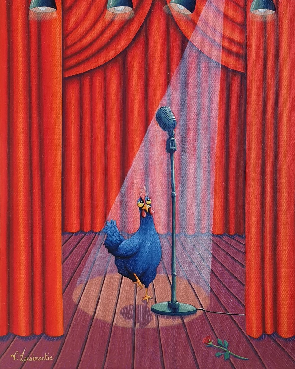 A new star?
'The voice, la nouvelle piaf'
#painting #oiloncanvas #humourart #thevoice #funnyart #funpainting #thenewpiaf #art #chickenart #chicken #funnychicken