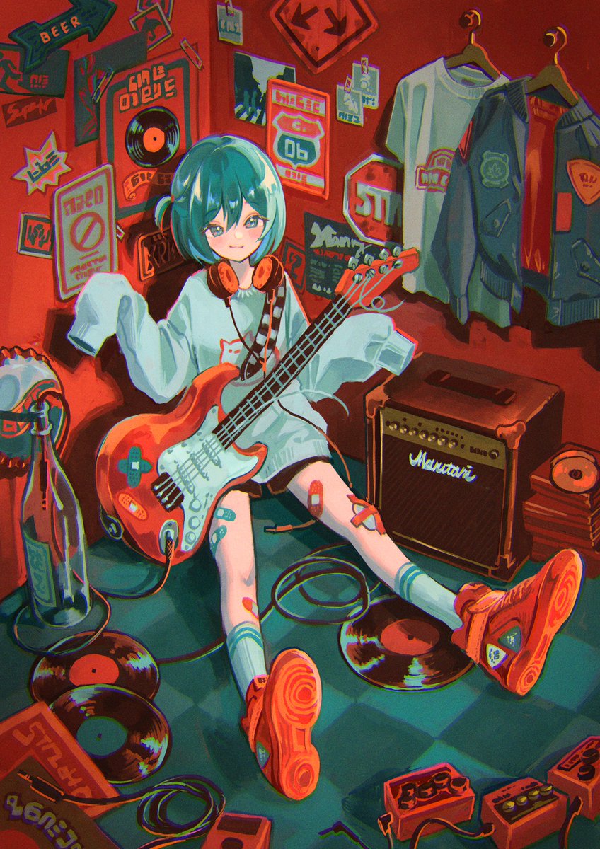 1girl solo instrument headphones guitar amplifier speaker  illustration images
