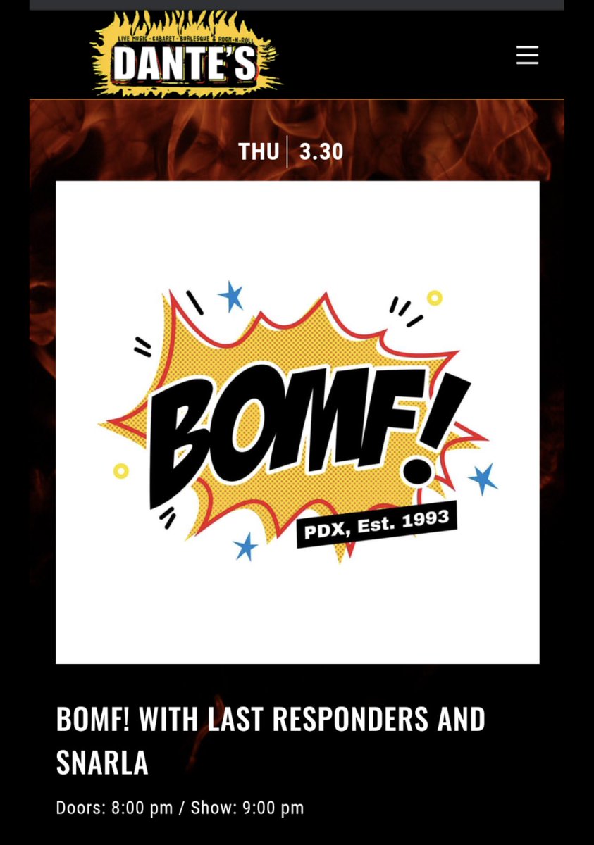 BOMF_PDX's tweet photo. Portland! BOMF!, The Last Responders and Snarla will be rocking out and raising funds at @DantesLive, on Thursday, March 30th! It’s a benefit show for @OutsideInPDX and Women First. Come get some drinks and support a couple of good causes! #pdxpunk #punkrock #pdx https://t.co/kJaIFAbMWz