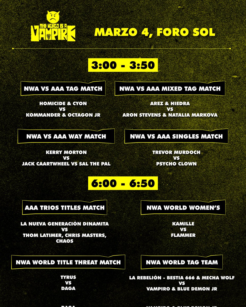 Si ya andan por acá, no se pierdan el round entre la Lucha Libre AAA VS NWA. 👊🔥🖤 

#TheWorldIsAVampire

¡Boletos aún en taquilla! 😈