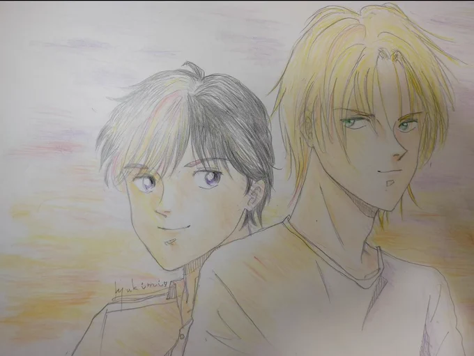 ちょっと面白いので、1年前の絵を引っ張りだしてみたいやぁ、お恥ずかしい(/// ^///) #呪術廻戦ファンアート   #BANANAFISHファンアート #色鉛筆イラスト 