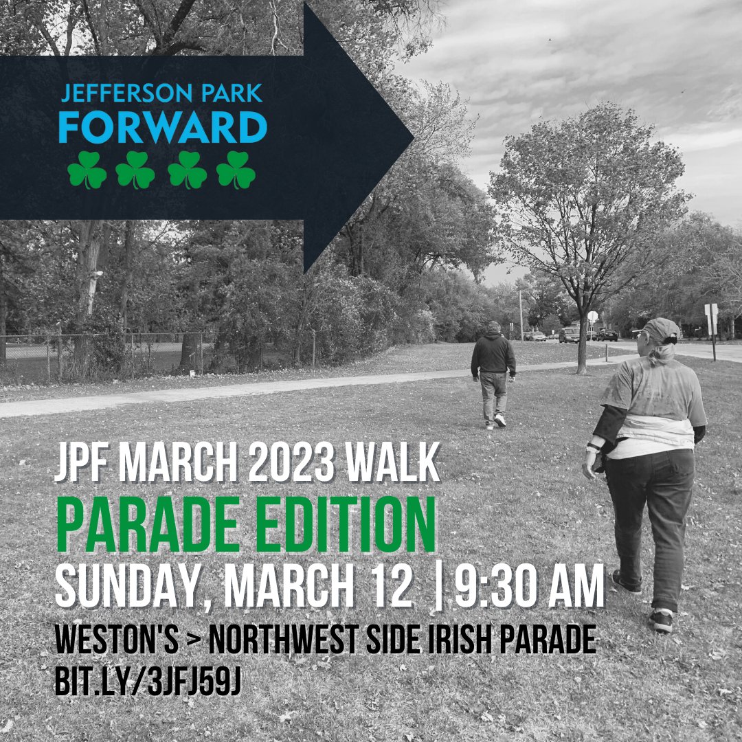 Join JPF as we walk from <a href="/westonscoffee/">Weston's Coffee</a> (4872 N. Milwaukee Ave.) to the parade route to enjoy the sights &amp; sounds of the NWS Irish Parade. Meet at Weston's  at 9:30am on Sunday, March 12. bit.ly/3JfJ59J