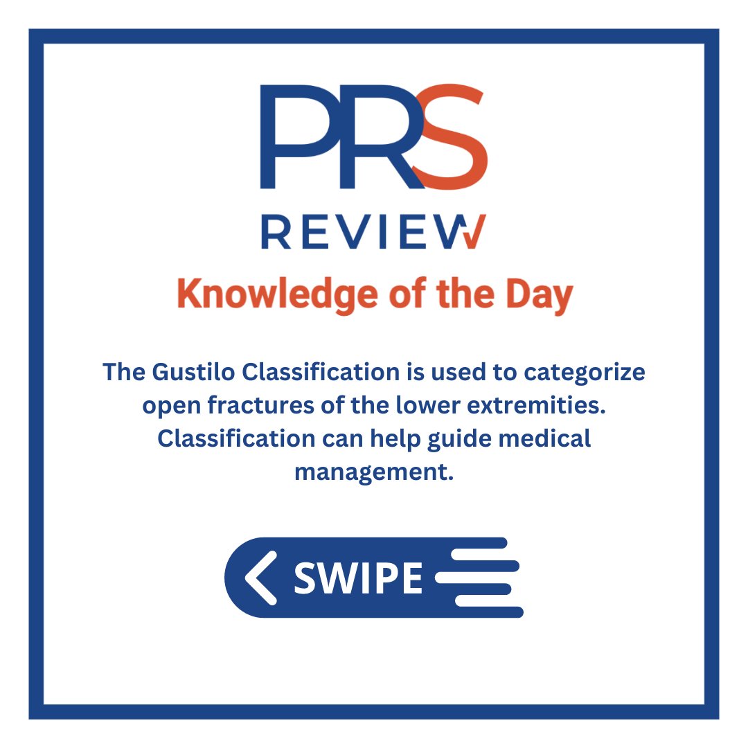 prsreview's tweet photo. Gustilo classification for open lower extremity fractures

#prsreview #fractures #lowerextremity #plasticsurgery #reconstructivesurgery #surgicaleducation #medicaleducation #meded #plasticsurgeryresidency #plasticsurgeryfellowship https://t.co/77yNxDvZ2U