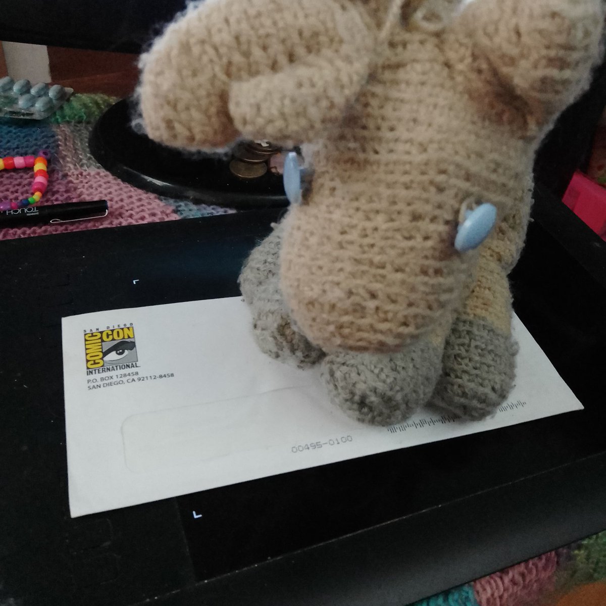 Murphysplush's tweet photo. When Mom got this letter I was over the moon! Because it means we're going to #Sdcc #Artistalley again! I will see you all there! #murphysplushtrips #murphysplush #amigurumi #yarncraft https://t.co/dAuq7yJtRo