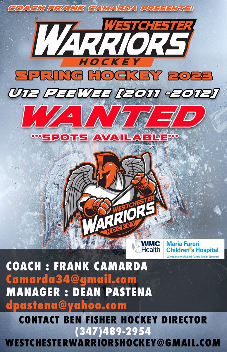 PEE WEE HOCKEY PLAYERS WANTED!
westchesterwarriorshockey.com