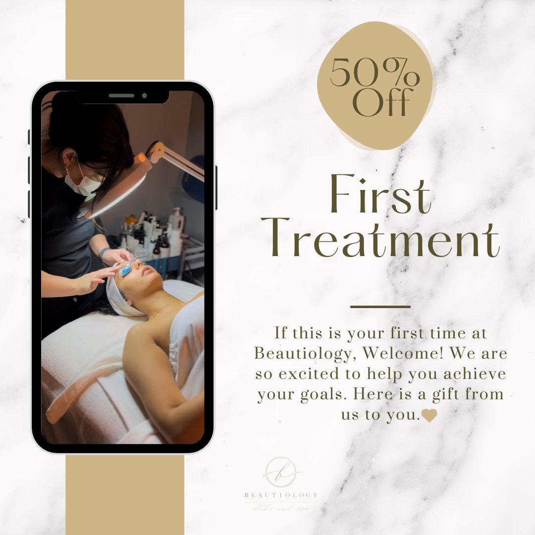 BeautiologySpa's tweet photo. We just wanted to give our newcomers a special gift 🤗 50% off your first treatment! (this month only) Call or book online today https://t.co/zdiBxkYDda