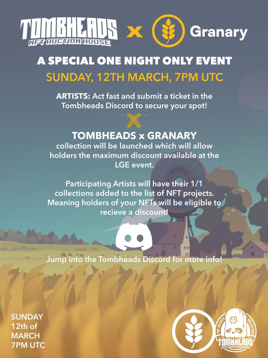 tombxbt's tweet photo. Tombheads x @GranaryFinance .

A big mission of Tombhead's this year is to be the conduit between DEFI + NFTs 

With education at the forefront of our planning we aim to Connect Artists to Defi Communities and Defi Investors/Protocls to the world of NFTs.

Full Details below 👇🧵 https://t.co/sqbH9RT4UF