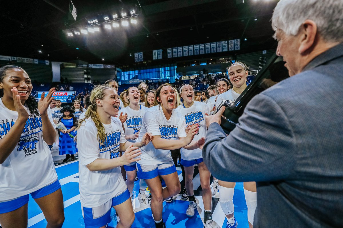 MT_WBB's tweet photo. Your #LadyRaiders are looking forward to being the one seed in next week's @ConferenceUSA tournament, but today we got to celebrate the program's 20th regular season championship with a few thousand of our best friends!

#BLUEnited | #TrueBlue https://t.co/bAEO3D7k51