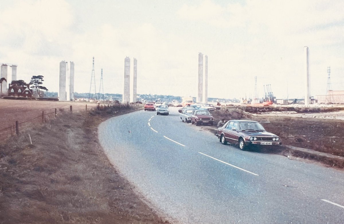 Photo taken around 1981 from The Strand, Ipswich showing the partly constructed Orwell bridge ready for the A45 reroute. Now the A14 #Ipswich #oldphoto #bridge #suffolk