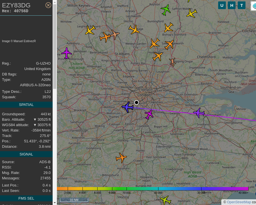 #EZY83DG G-UZHO A320 251NSL easyJet Airline SOF-BRS Sofia Airport to Bristol Airport: 2.2 mi away @ 32200 ft and 70.3° frm hrzn, heading W @ 607.7mi/h 23:26:12. #AfterHours #UpInTheClouds #FlyingFast #Putney #SW15 #ADSB