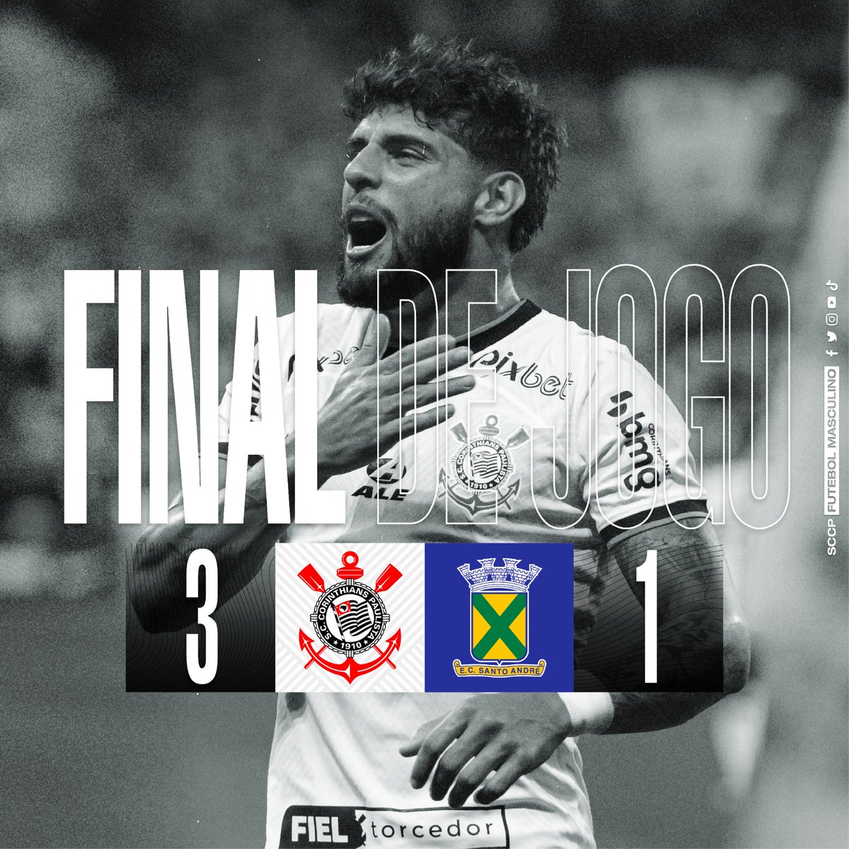 Corinthians's tweet photo. FIM DE JOGO NA NEO QUÍMICA ARENA! QUE VENHA O MATA-MATA! 

Corinthians 3️⃣ ✖️ 1️⃣ Santo André 

⚽⚽ Yuri Alberto 
⚽ Paulinho 

#DiaDeCorinthians 
#VaiCorinthians https://t.co/l6PYC0FbLL