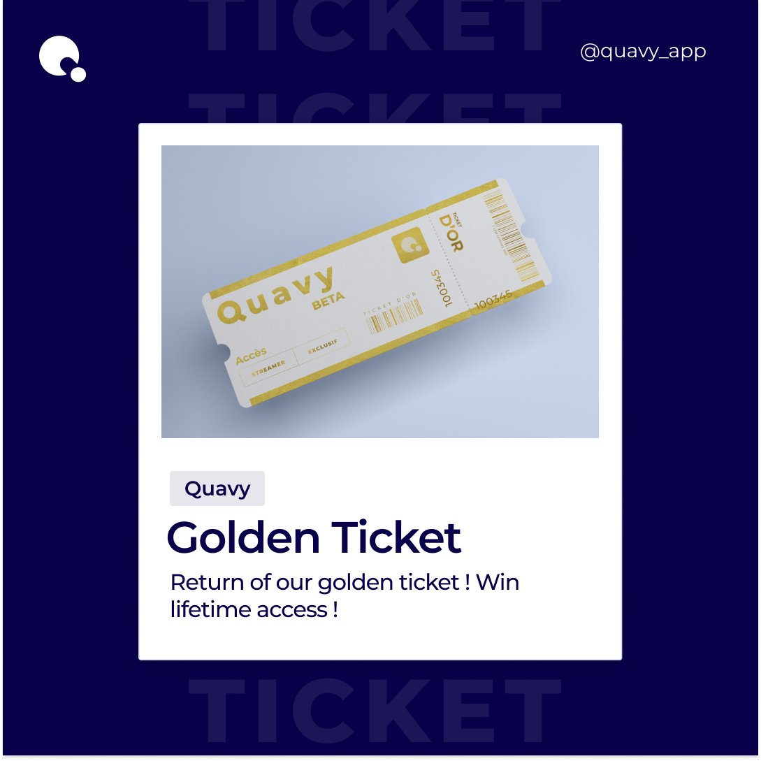 Quavy_app's tweet photo. Quavy's golden ticket is back ! ✨

🏆 We're giving you free access to the platform for life

🎟️ Sign up for our free beta to enter the contest to win a golden ticket :

https://t.co/LSrWiTZFqy

🎬 Create video content from your Twitch clips and share it on social networks https://t.co/eAEsOEqrIt