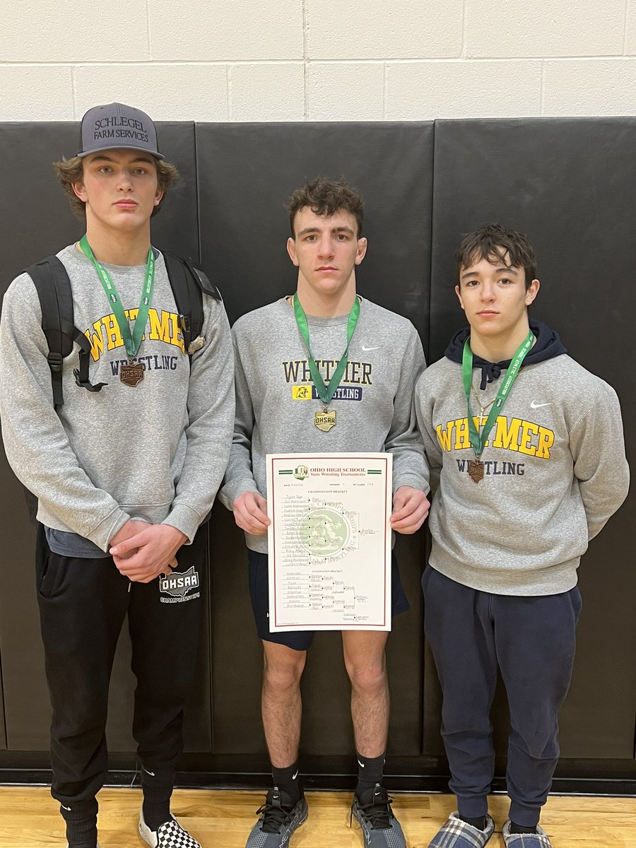 WHSWrestling's tweet photo. 3 OHSAA STATE QUALIFIERS!! 

120: Jaiden Sarabia 3rd 
144: Jeremy Ginter CHAMPION 
165: Isaiah Schlegel 4th https://t.co/aH0EDoJkcD