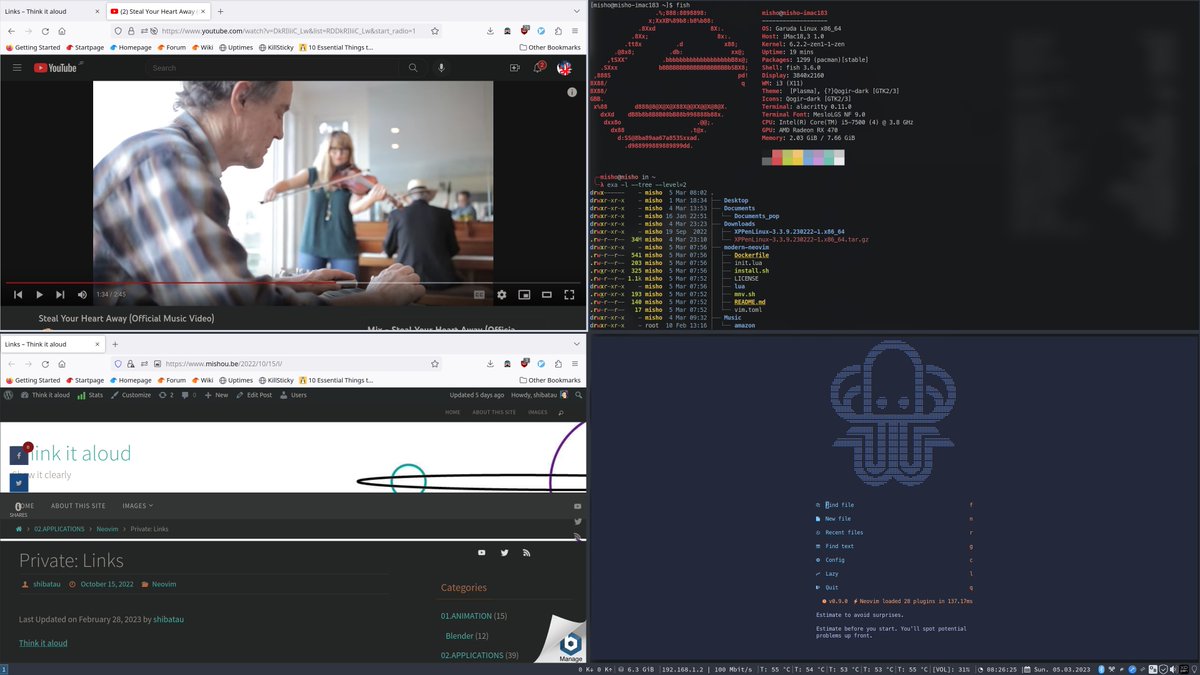 shibatau's tweet image. Split windows on Garuda i3WM Linux: Firefox + Alacritty-Fish + Neovim #Linux #GarudaLinux